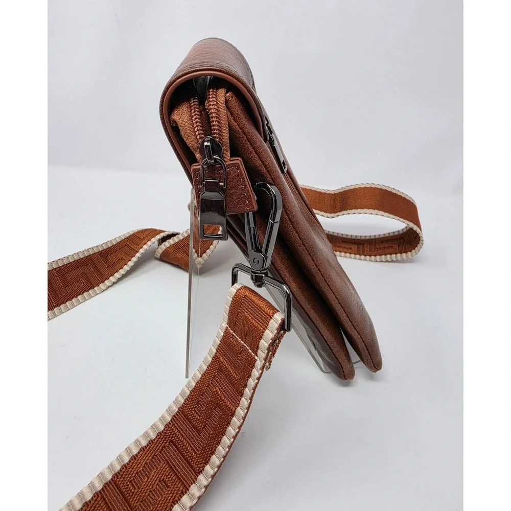Vimutti Brown Floral Embossed Crossbody Phone Bag Vegan Leather Guitar Strap